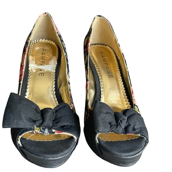 Rampage Womens 7 Black Pink Floral Print Stiletto High Heels Peep Toe Bow Shoe - Picture 10 of 13